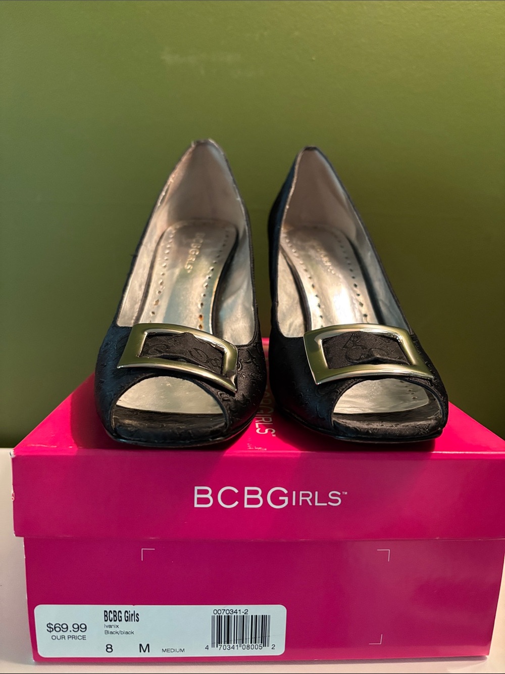 BCBGirls Black Peep-Toe Buckle Stiletto Pumps